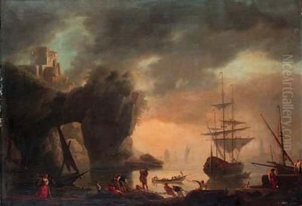 A Mediterranean Inlet With A 
Man-o'-war Lowering Its Sails Andfishermen Pulling In Their Nets In The 
Foreground Oil Painting by Claude-joseph Vernet