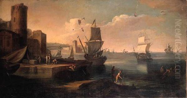 A Mediterranean Harbour With 
Merchants On A Quay With Anglers On Anoutcrop, Shipping Moored Beyond Oil Painting by Claude-joseph Vernet