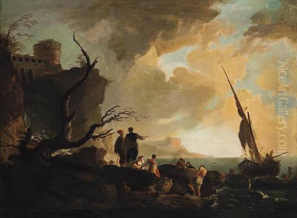 A Mediterranean Coastline With Fisherfolk On The Shore, A Hilltopfortress Beyond Oil Painting by Claude-joseph Vernet