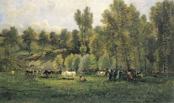 Troupeau De Vaches Oil Painting by Alexandre Rene Veron