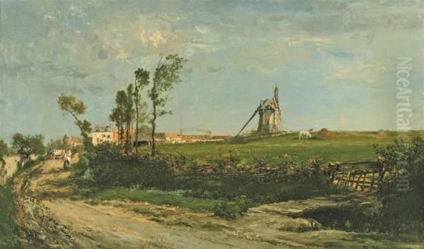 A Windmill In A Meadow, A Sunlit Town Beyond Oil Painting by Alexandre Rene Veron