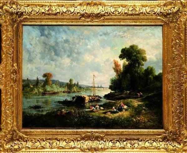 Lavandieres Au Bord De L'oise Oil Painting by Alexandre Rene Veron