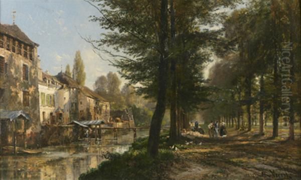 Maisons Au Bord D'une Riviere (montargis ?) Oil Painting by Alexandre Rene Veron