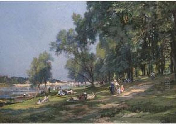 Picknick Unter Baumen Am Fluss Oil Painting by Alexandre Rene Veron