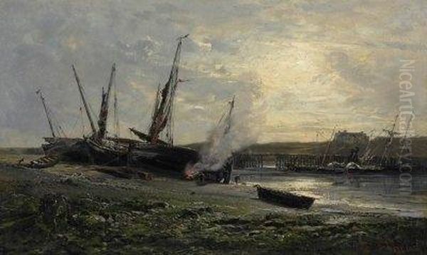 Docking Ships On The Norman Coast. Signed And Dated Bottom Right: 1873 Ar Veron Oil Painting by Alexandre Rene Veron