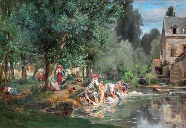 Les Lavandieres Pres Du Petit Pont. Oil Painting by Alexandre Rene Veron