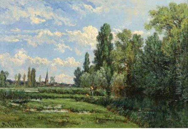 Pecheur Au Bord De L'etang Oil Painting by Alexandre Rene Veron