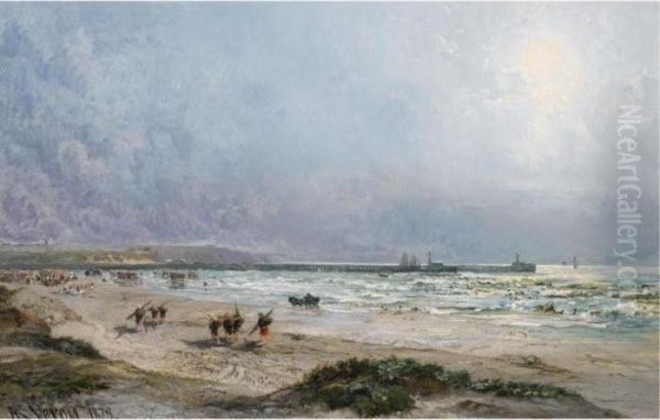 Fishermen On The Normandy Coast Oil Painting by Alexandre Rene Veron