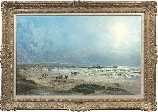 Coastal Landscape At Early Morning With Fishermen Oil Painting by Alexandre Rene Veron