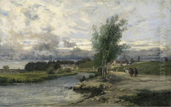 Autumn Morning On The Bank Of La Nonette In Senlis Oil Painting by Alexandre Rene Veron