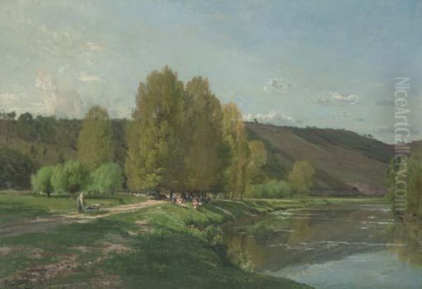 Vaches Au Bord D'un Fleuve Oil Painting by Alexandre Rene Veron