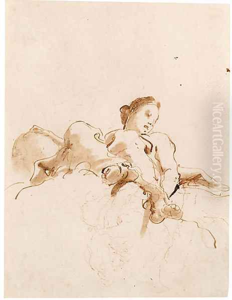 A seated female figure holding a globe, seen from below Oil Painting by Giovanni Battista Tiepolo