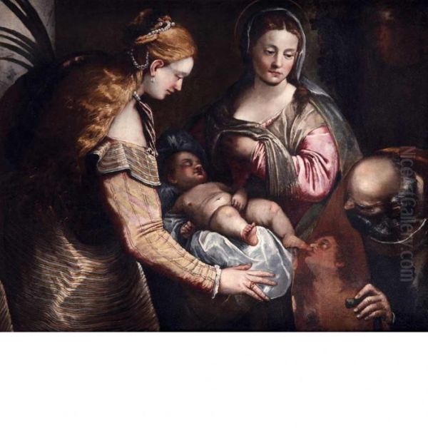 The Holy Family With Saint Barbaraand Saint John Oil Painting by Paolo Veronese (Caliari)