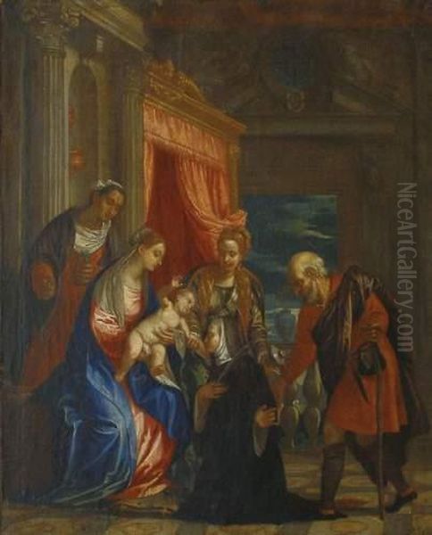 La Sainte Famille Avec Sainte Elisabeth, La Madeleine Et Une Benedictine agenouillee. Oil Painting by Paolo Veronese (Caliari)