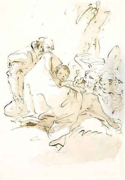 The Holy Family resting with two angels kneeling and offering food Oil Painting by Giovanni Battista Tiepolo