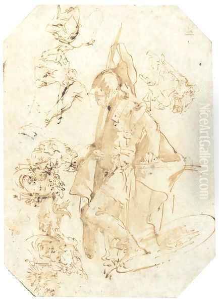 A standing soldier, with studies of heads and figures seen di sotto in su Oil Painting by Giovanni Battista Tiepolo