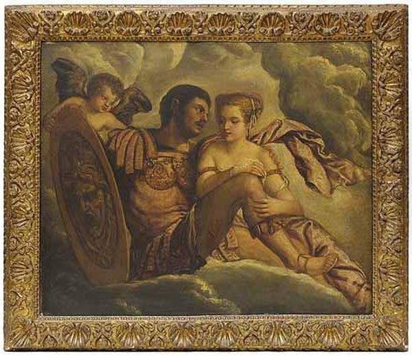 Mars Und Venus Auf Einer Wolke 
Sitzend, Hinter Dem Schild Mit Dem Gorgonenhaupt Zu Mars Blickender 
Amor. Oil Painting by Paolo Veronese (Caliari)