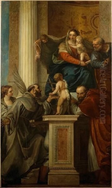 La Sainte Famille Avec Saint 
Jean Baptiste Enfant, Sainte Justine, Saint Francois Et Saint Jerome. Oil Painting by Paolo Veronese (Caliari)