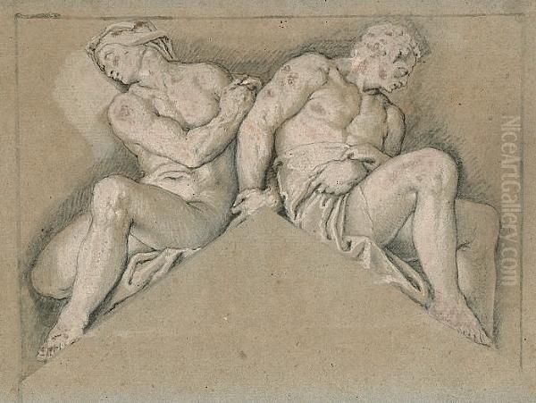 Two Ornamental Nude Figures Seated On A Pediment Oil Painting by Paolo Veronese (Caliari)