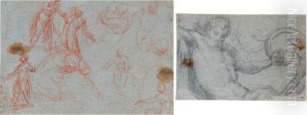 A Sheet Of Studies Of Several 
Figures, Including A Couple Embracing, Two Female Nudes, A Kneeling 
Angel And A Standing Figure With Arms Spread Oil Painting by Paolo Veronese (Caliari)