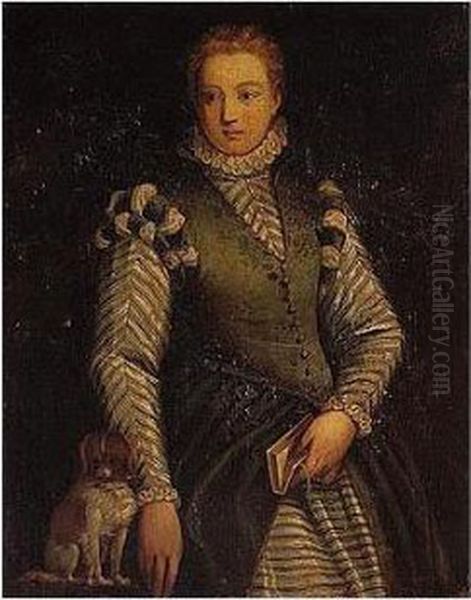 Portrait Of A Lady, Wearing A Green Dress, Holding A Book, Together With Her Pet Dog Oil Painting by Paolo Veronese (Caliari)