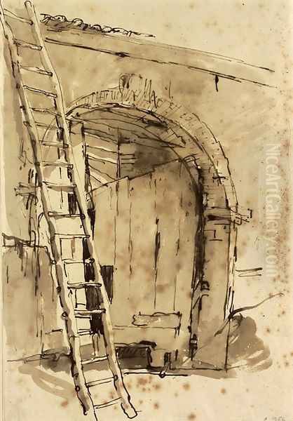 The entrance to a large barn, a ladder leaning against the wall to the left Oil Painting by Giovanni Battista Tiepolo