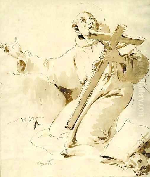 Saint Francis kneeling, holding a crucifix Oil Painting by Giovanni Battista Tiepolo