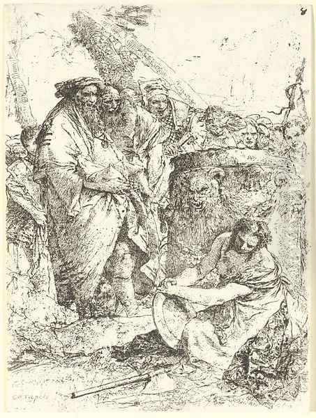 Woman kneeling in front of Magicians and other Figures, from Scherzi Oil Painting by Giovanni Battista Tiepolo