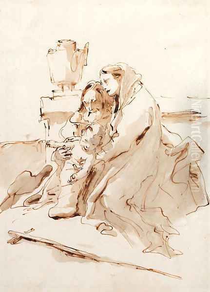 The Holy Family resting by an urn Oil Painting by Giovanni Battista Tiepolo