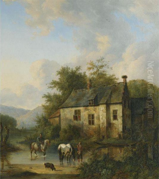 Horses Watering By A Country House Oil Painting by Wouterus Verschuur