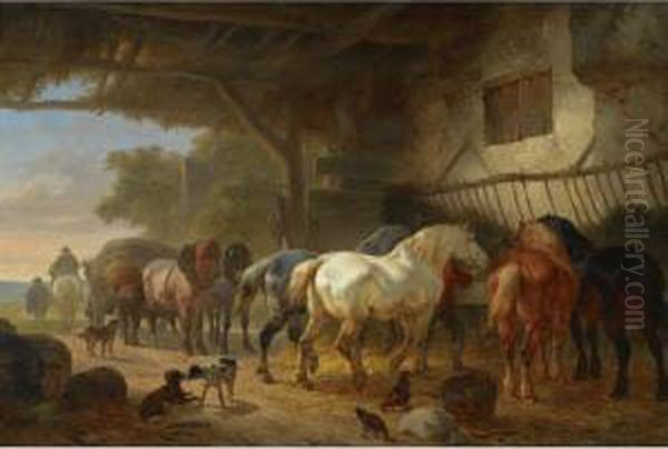 Horses In A Barn Oil Painting by Wouterus Verschuur