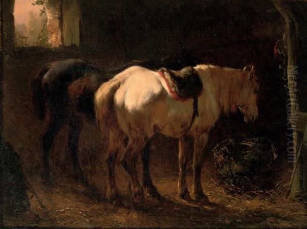 Horses In The Stable Oil Painting by Wouterus Verschuur