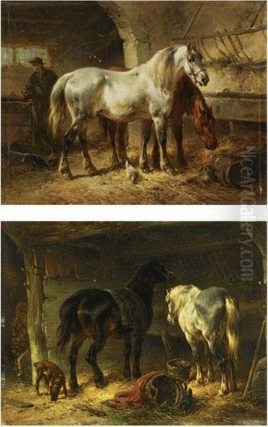 Horses In A Stable (a Pair) Oil Painting by Wouterus Verschuur