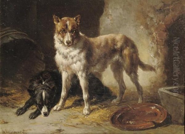 Two Border Collies In A Stable Oil Painting by Wouterus Verschuur