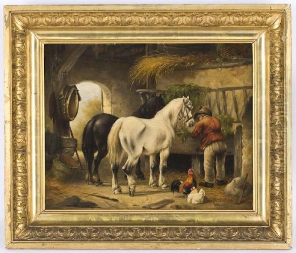 A Figure Tending To Horses In A Stable Oil Painting by Wouterus Verschuur