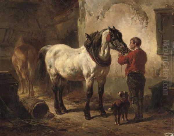 Tending To The Horses Oil Painting by Wouterus Verschuur