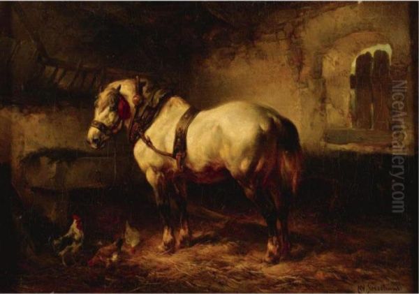 A Horse And Chickens In A Stable Oil Painting by Wouterus Verschuur