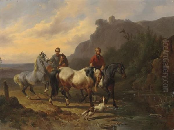 Crossing The Stream Oil Painting by Wouterus Verschuur