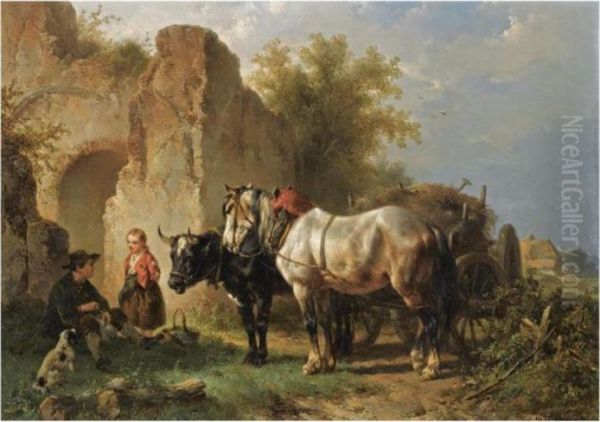 Hay-time, Resting Figures Near An Ox And Horse Oil Painting by Wouterus Verschuur