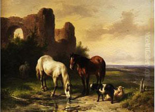 Zwei Pferde An Einer Wasserpfutze Vor Ruinen In Weiter Landschaft Oil Painting by Wouterus Verschuur