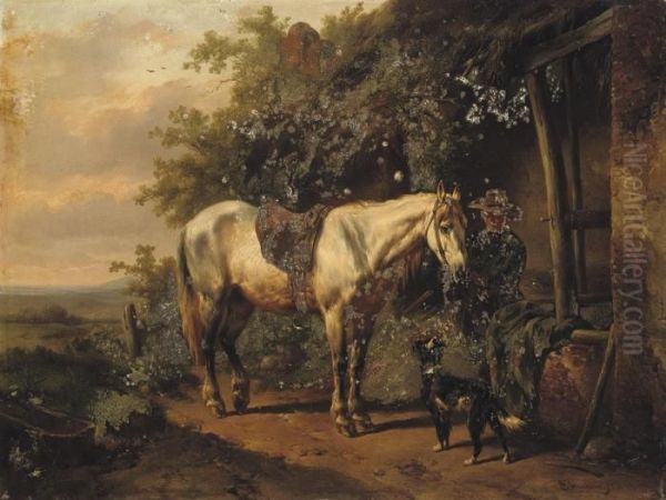 By A Farmhouse Oil Painting by Wouterus Verschuur