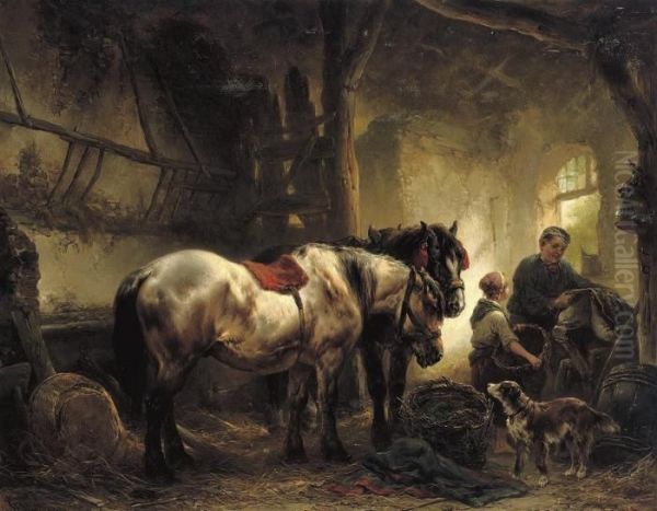 Sadling The Horses Oil Painting by Wouterus Verschuur