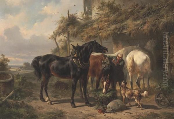 Horses Outside A Stable Oil Painting by Wouterus Verschuur