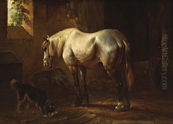 A Horse And Dog In A Stable Oil Painting by Wouterus Verschuur