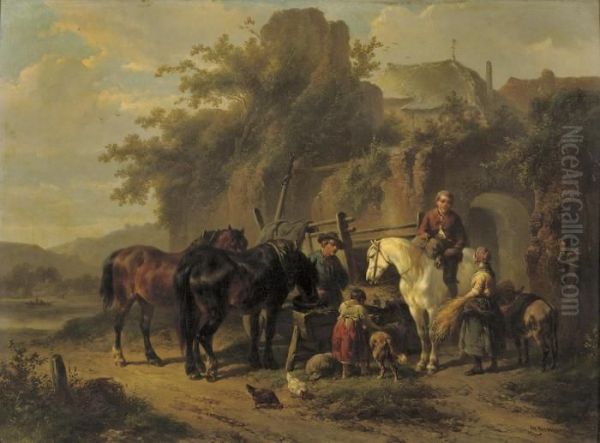 Feeding The Horses By An Old Town Wall Oil Painting by Wouterus Verschuur