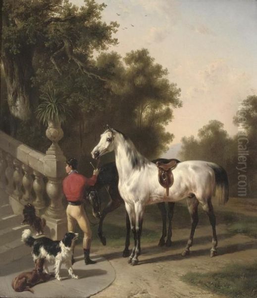 A Jockey Holding Racehorses Oil Painting by Wouterus Verschuur