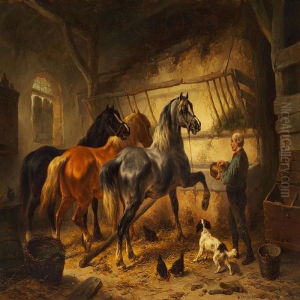 Horses In A Stable Oil Painting by Wouterus Verschuur