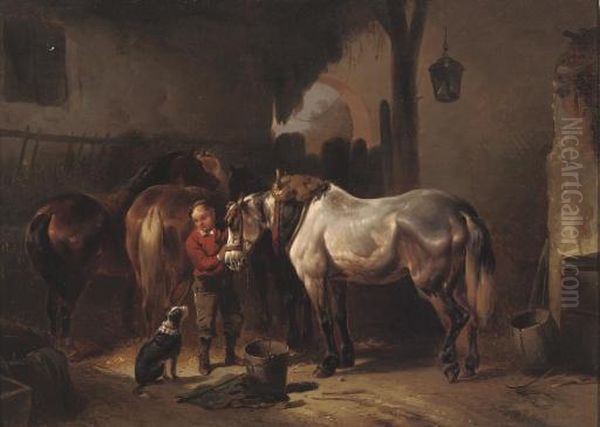 Tending To The Horses In A Stable Oil Painting by Wouterus Verschuur