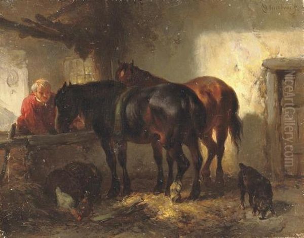 Feeding The Horses Oil Painting by Wouterus Verschuur