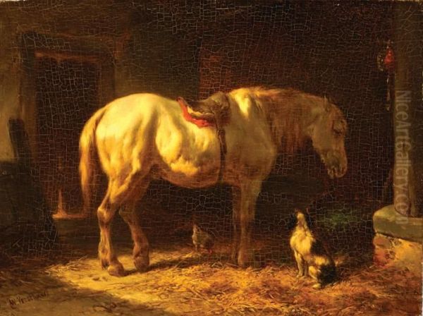 A Horse And A Small Dog In A Stable Oil Painting by Wouterus Verschuur